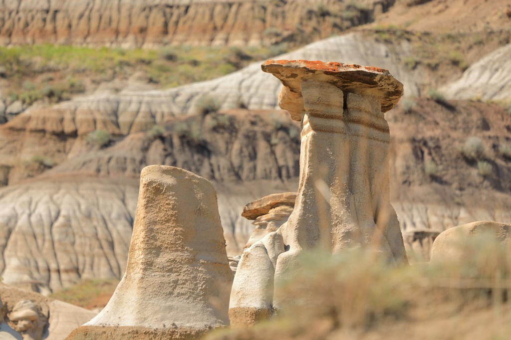 Hoodoos in Drumheller Alberta with shallow depth of field