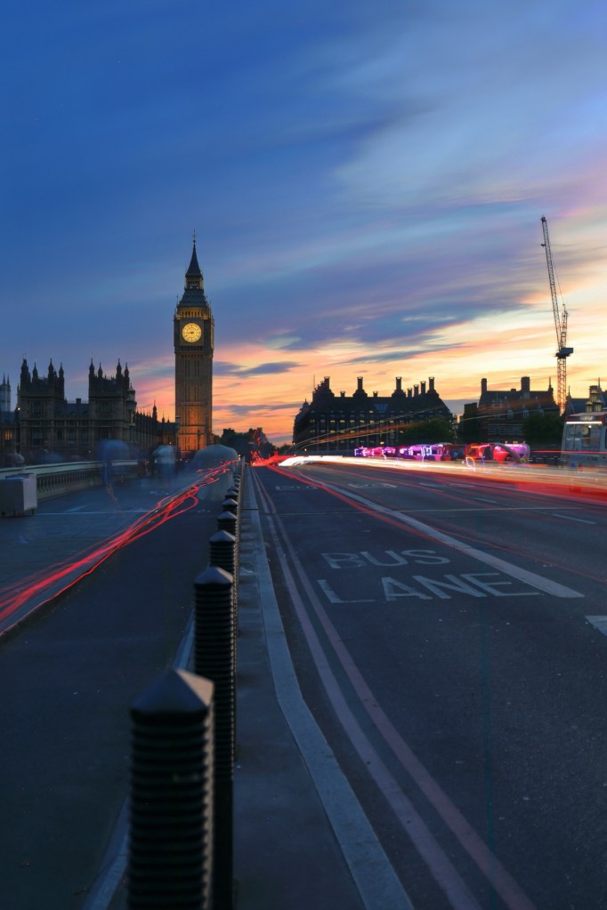 Big Ben at night long exposure with traffic light trails